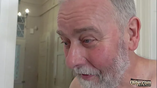 Blonde college chick riding grandpa cock until he cums on her