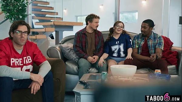 BBW stepdaughter Leana Lovings fucks stepdads friends during the game