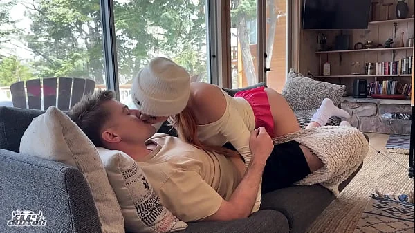 Sneaky log cabin hookup with big titty red head